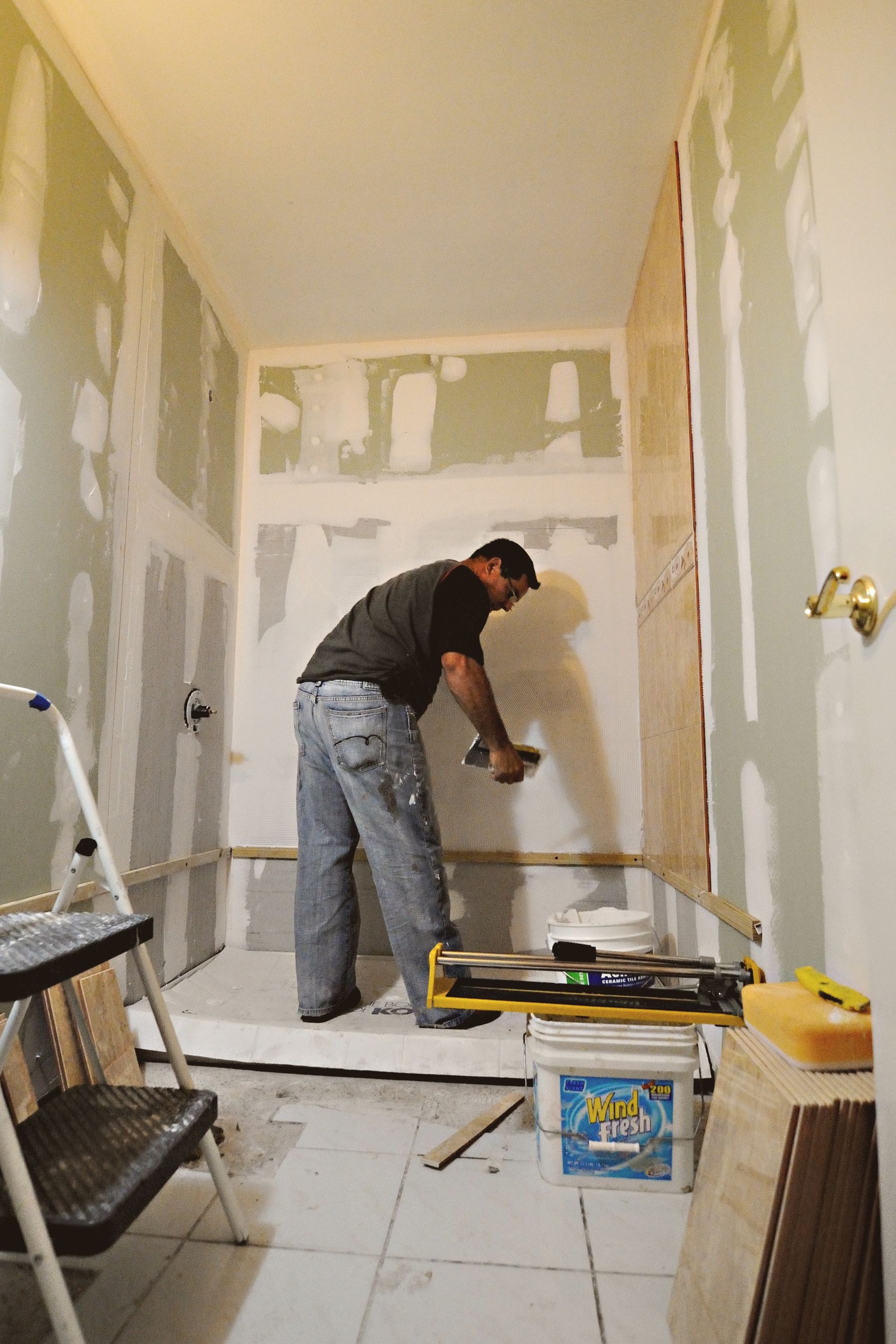 Sample bathroom renovation with drywall work underway